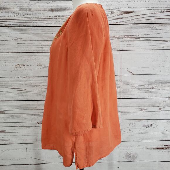 Chico's 100%Linen V-Neck Gold Lace Front Detail 3/4 Sleeve Top Size 1 - Picture 3 of 15